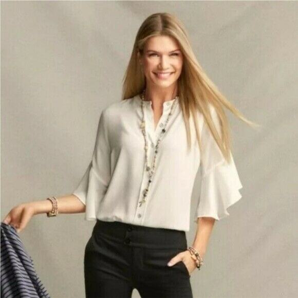 Cabi Float Blouse White #5521 Bell Sleeves Button Down Size Medium - Picture 1 of 9